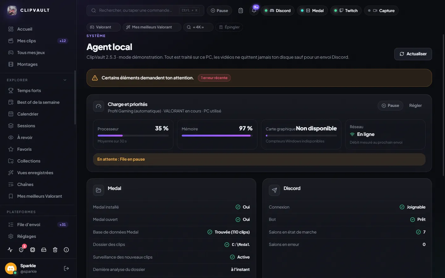 Agent local : charge du PC et état des services