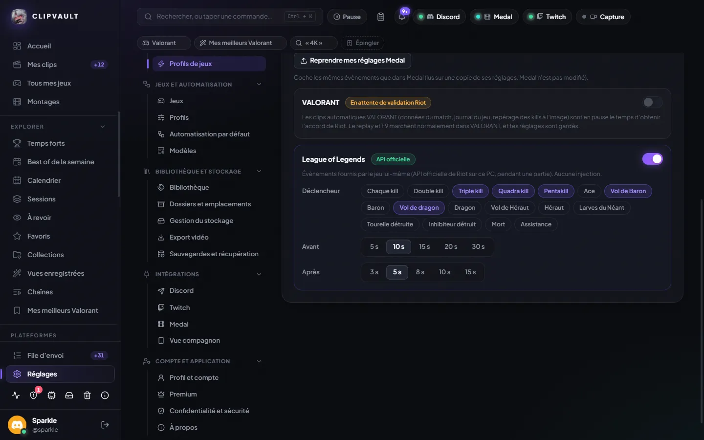Clips automatiques : VALORANT en attente de validation Riot, League of Legends actif