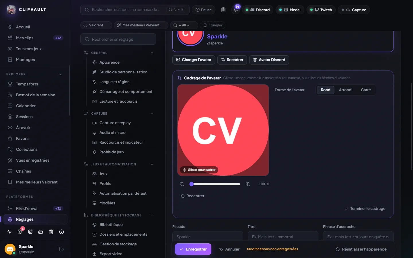 Page Discord avec le profil ClipVault