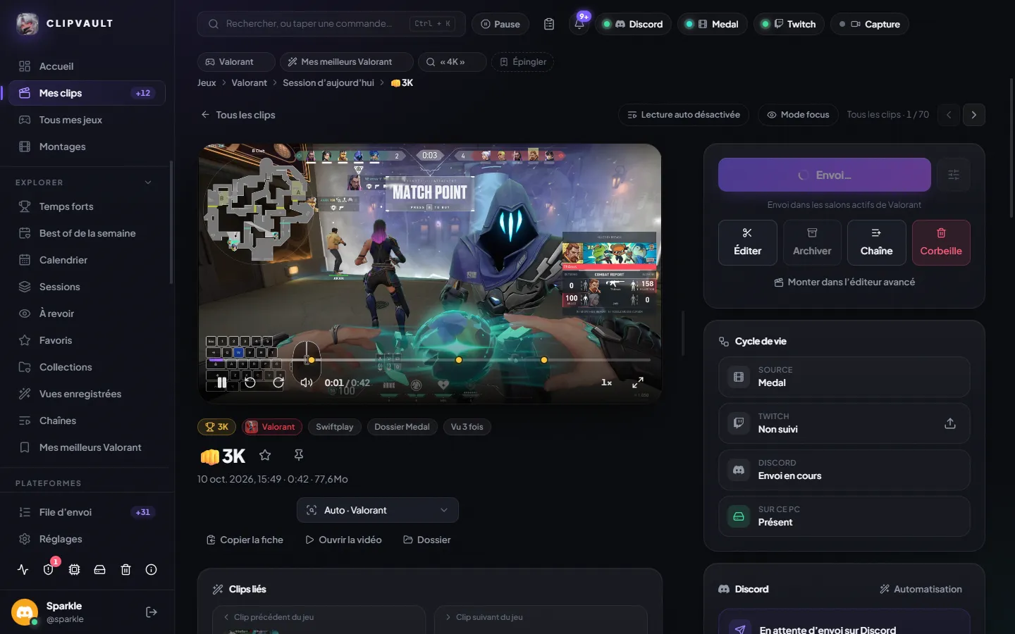 Fiche d'un clip : lecteur, bouton Envoyer sur Discord, cycle de vie