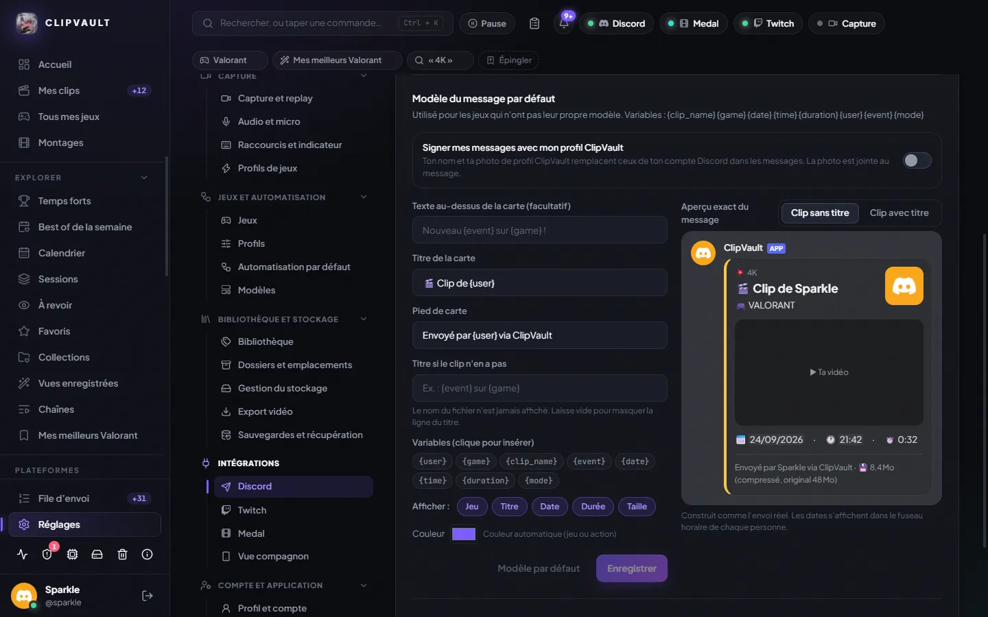 Modèle du message Discord avec aperçu exact